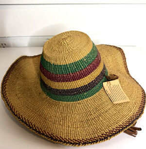 Handwoven Ghanian Bolga Woven Straw Hat African Handmade Striped Floppy Hat